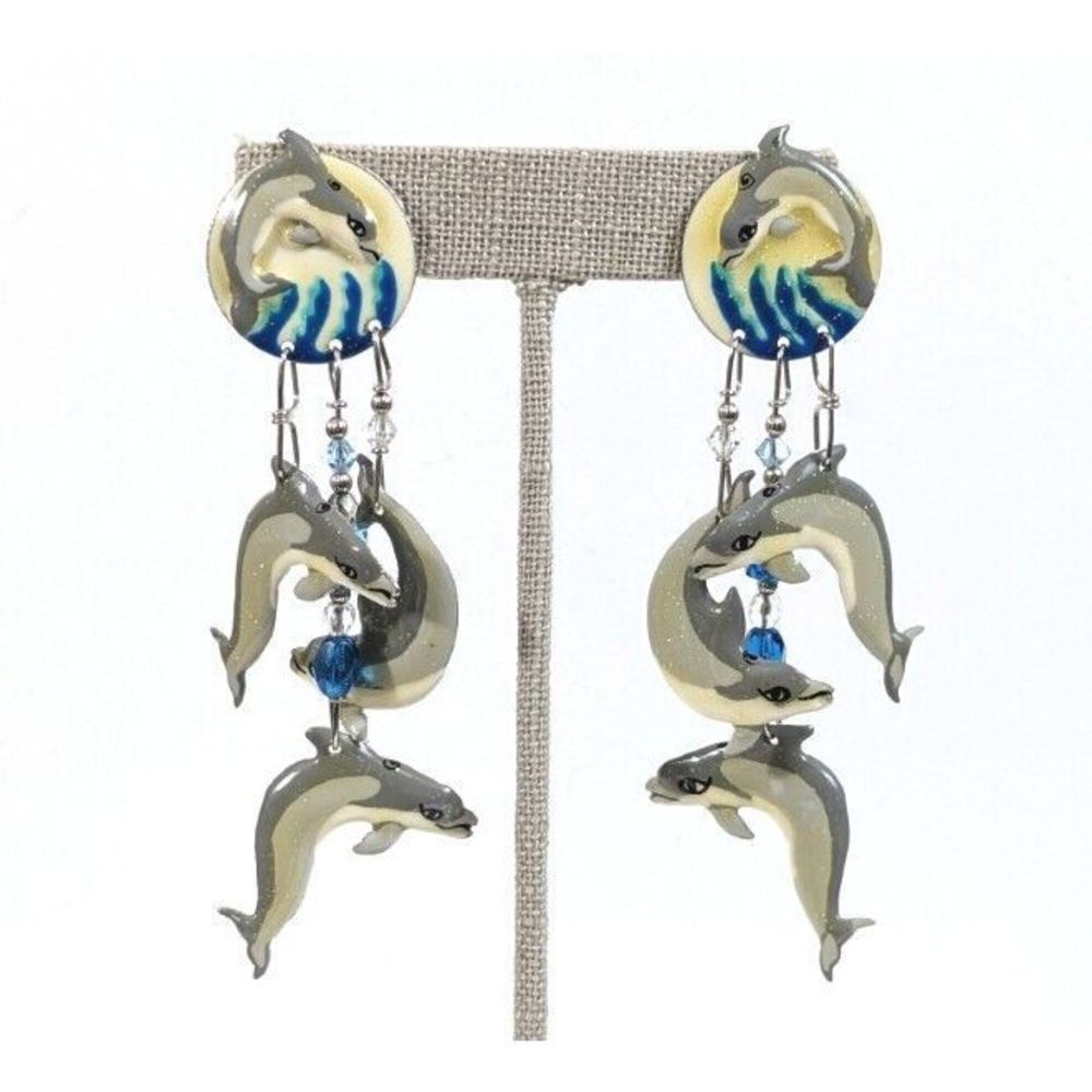Lunch at the Ritz Dolphin Dance Dangle stud Earrings 14k gold posts rare retired